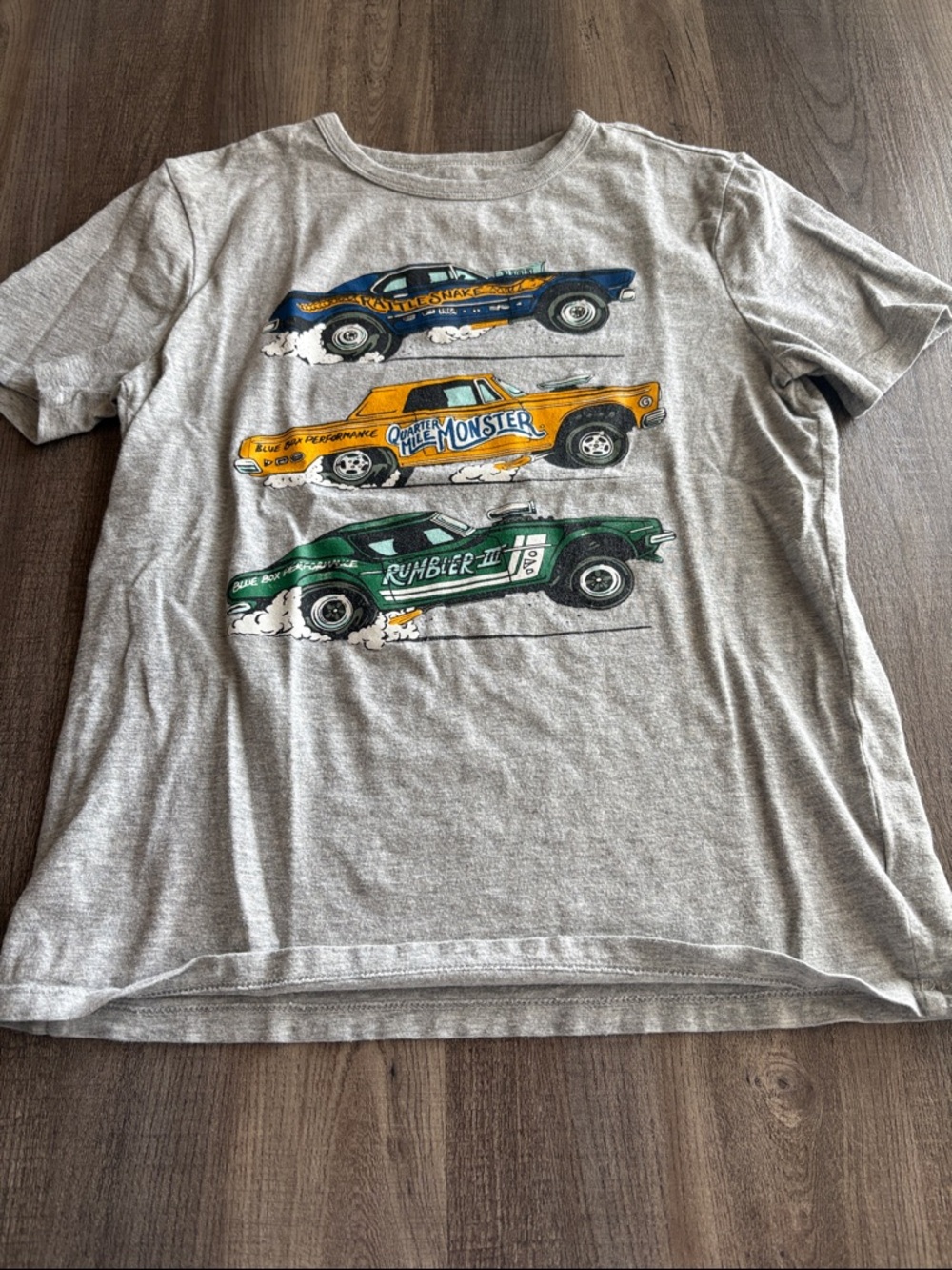 GAP Gray Tee with Blue, Yellow & Green Race Cars
